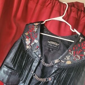 Unk Black Leather Vest with Fringe and Pins